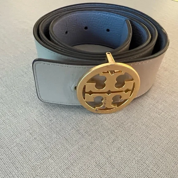 Tory Burch 1" wide Reversible Double T Belt Blue Beige Cloud Blue Longan Gold - Picture 6 of 9